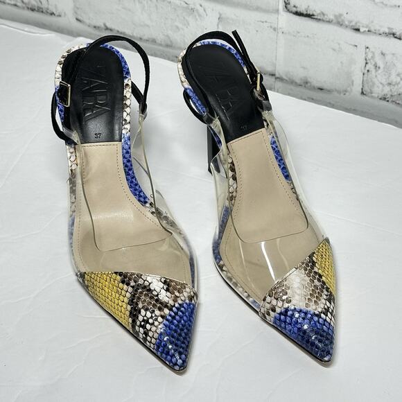 Zara Maximalist Snake Skin Vinyl Slingback Heels Yellow Blue Animal Print Sz 37 - Picture 2 of 8